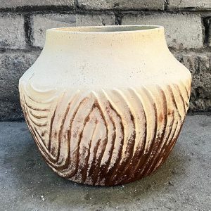 Handcrafted terracotta vase with carved wave-like textures, featuring a natural ivory and earthy brown finish. Decorative ceramic vase measuring 35 x 45 cm, ideal for rustic, coastal, and modern home décor.